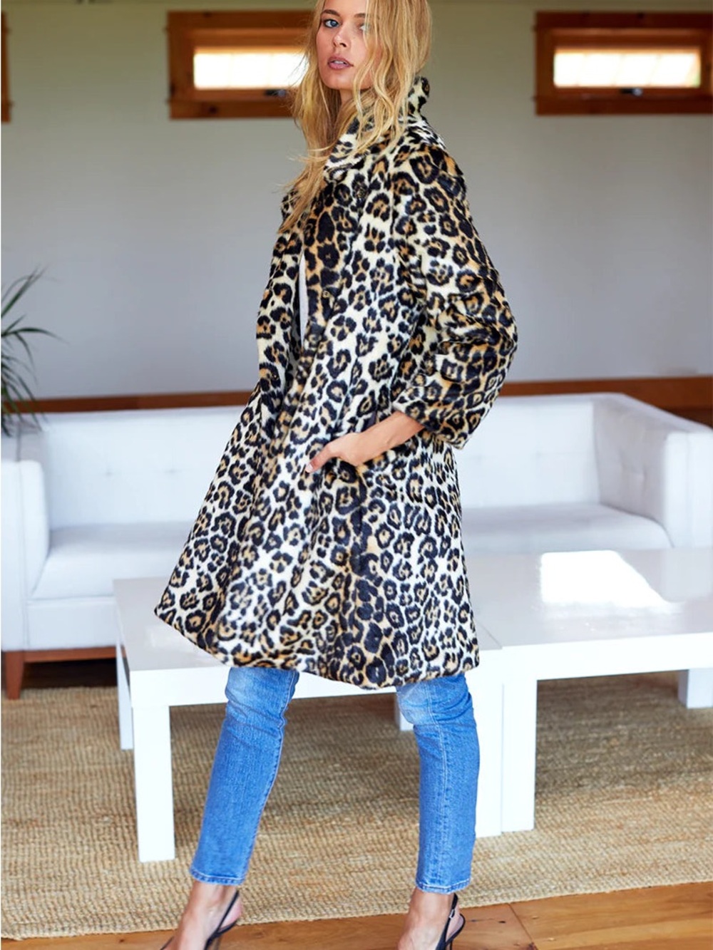 Emerson Fry Faux Leopard Print Teddy Coat in Tan and Black Small